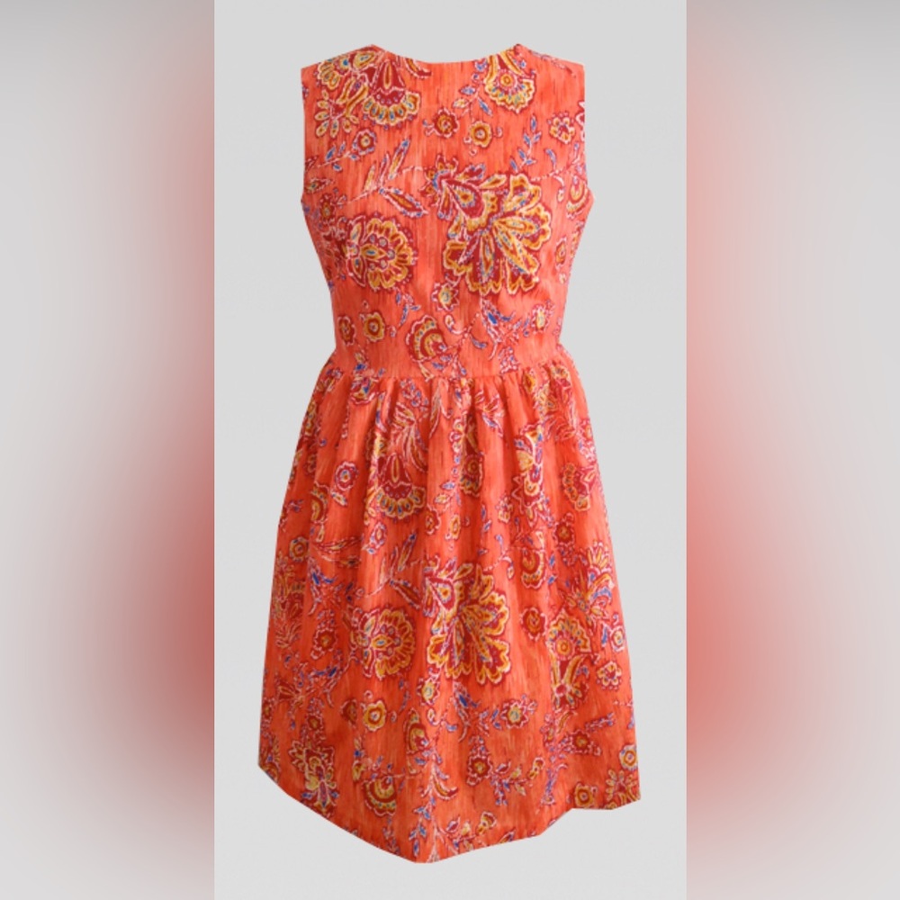 Boat Neckline Gathered Ikat Print Full Skirt Dress